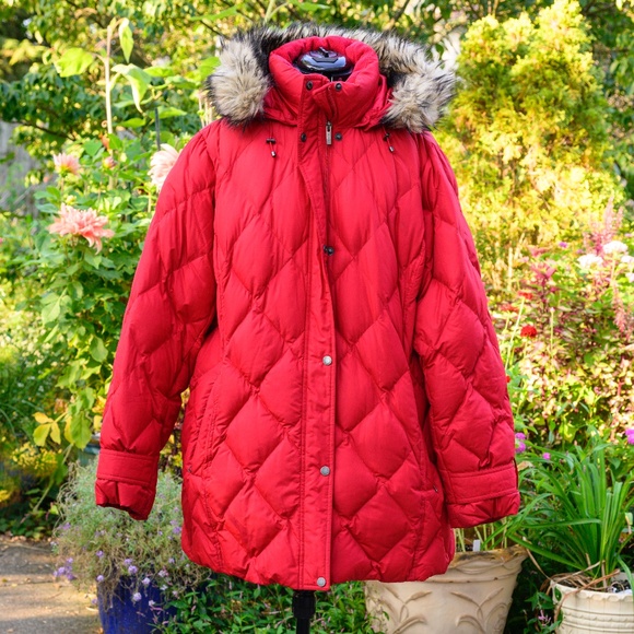 Land’s End Down-filled Expedition Red puffer Jacket w/faux-fur insulated hood - Picture 1 of 5